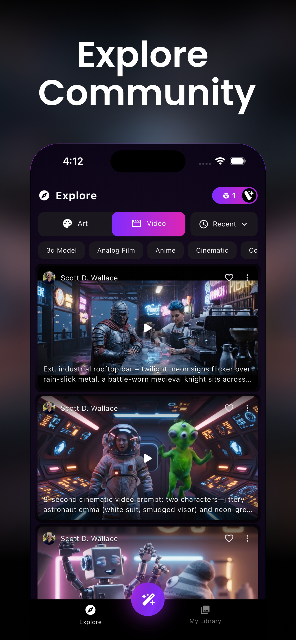AI Video Generator app screenshot — explore community AI-generated videos and art on iPhone